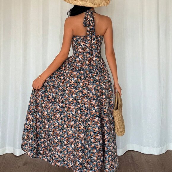 Multicolor Boho Womens Elegant A-Line V-Neck Cinched Waist Flared Hem Back Dress - Picture 2 of 7